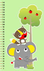 meter wall with funny animals and tree, vector cartoon illustration