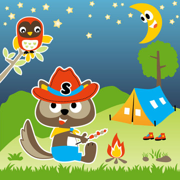 camping with squirrel and owl, vector cartoon illustration