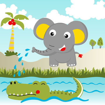 Funny animals cartoon, elephant with crocodile in the river, vector cartoon illustration