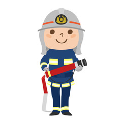 ホースを持って練習する男性消防隊のイラスト。