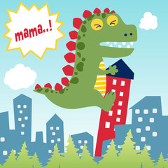 funny monster attack city, vector cartoon illustration © Bhonard21