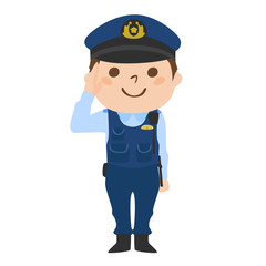 笑顔で敬礼する日本の男性警察官のイラスト。