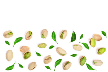 Pistachios isolated on white background, top view. Flat lay pattern
