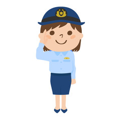 笑顔で敬礼する日本の女性警察官のイラスト。