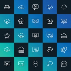 Modern Simple Set of cloud and networking, chat and messenger, email Vector outline Icons. ..Contains such Icons as  memory and more on dark and gradient background. Fully Editable. Pixel Perfect.