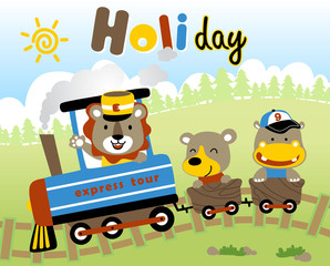 Fototapeta premium Animals holiday with coal train, vector cartoon illustration