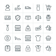 Modern Simple Set of clothes, shopping Vector outline Icons. ..Contains such Icons as  outline,  template,  sale,  sport,  door,  t-shirt and more on white background. Fully Editable. Pixel Perfect