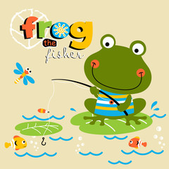 frog fishing time, vector cartoon illustration