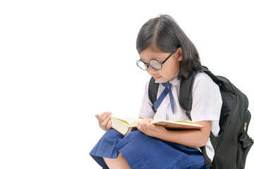 asian girl wear eyeglasses reading book isolated