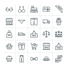 Modern Simple Set of clothes, shopping Vector outline Icons. ..Contains such Icons as  bikini,  isolated,  sunglasses, gift,  discount,  bow and more on white background. Fully Editable. Pixel Perfect