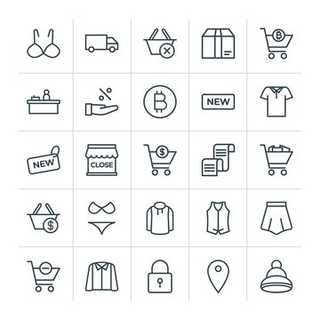 Modern Simple Set of clothes, shopping Vector outline Icons. ..Contains such Icons as  shop, remove,  icon,  store, fashion,  reject,  door and more on white background. Fully Editable. Pixel Perfect