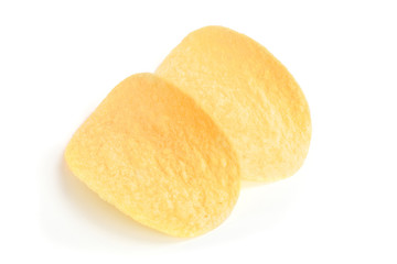 two potato chips on white background close-up