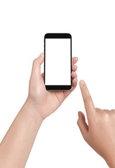 Woman hand touching mobile phone isolated on white background.