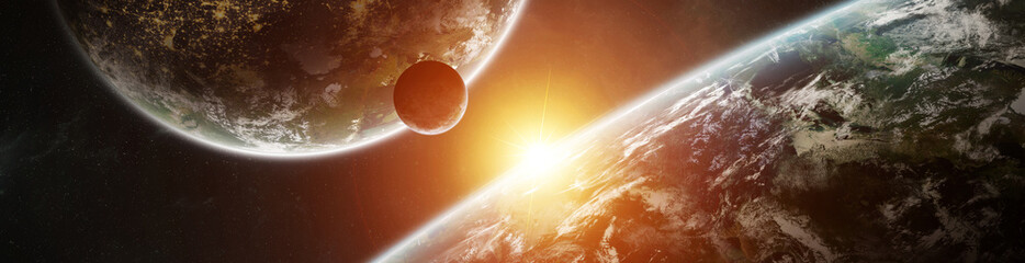 Naklejka premium Panorama of distant planet system in space 3D rendering elements of this image furnished by NASA