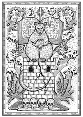 Rat symbol in frame. Scary mouse sitting on tower with book and mystic signs. Fantasy engraved illustration for t-shirt, print, card, tattoo design. Zodiac animals of eastern calendar
