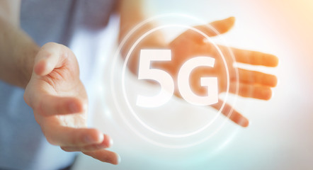 Businessman using 5G network interface 3D rendering