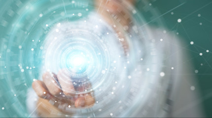 Businesswoman using digital network connection interface 3D rendering