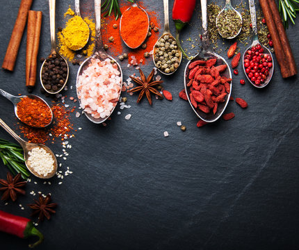 Different kind of spices in vintage spoons