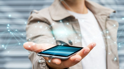 Businessman using flying network connection 3D rendering