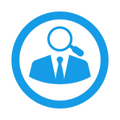Icono plano hombre de negocios con lupa en c&iacute;rculo color azul 