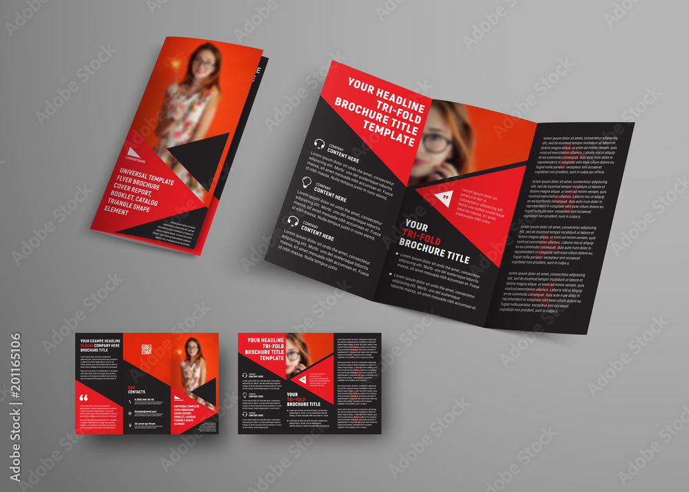 Poster Template vector black tri-fold brochure with triangular elements and place for photo.