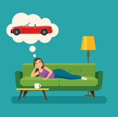 Happy young woman dreams of a car and lying on sofa isolated. Vector flat style illustration.