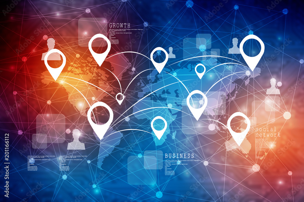 Fototapete 2d rendering red map pointer with world map