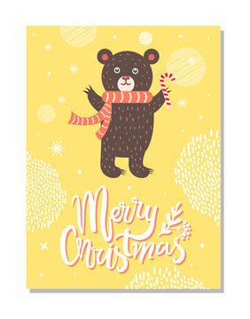 Merry Christmas Greeting Card with Bear Red Scarf