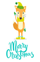 Merry Christmas Greeting Card with Fox in Warm Hat