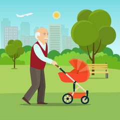 Gandfather walking in the Park with a stroller on sunny day. Vector flat style illustration.