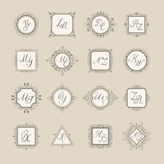Set luxury monogram logo template with flourishes ornament elements. Elegant design for business sign, restaurant, wedding shop, jewelry, fashion. Vector illustration.