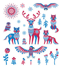 Arctic animals and plants set in ethnic style. Colorful vector illustrations isolated on a white background. © olga_a_belova