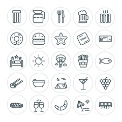 Modern Simple Set of food, hotel, drinks, travel Vector outline Icons. ..Contains such Icons as  beach,  fruit, toast,  bunch,  food,  meal and more on white background. Fully Editable. Pixel Perfect