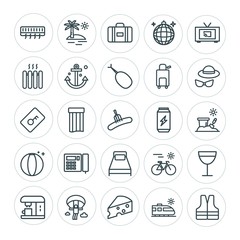 Modern Simple Set of food, hotel, drinks, travel Vector outline Icons. ..Contains such Icons as wine,  water,  safety,  bike,  vacation and more on white background. Fully Editable. Pixel Perfect