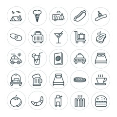 Modern Simple Set of food, hotel, drinks, travel Vector outline Icons. ..Contains such Icons as sweet, food,  bag,  mustard,  cup, hot, room and more on white background. Fully Editable. Pixel Perfect