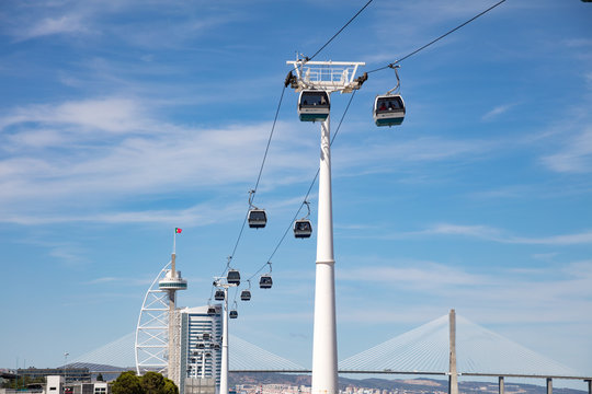 August 1, 2017: Gondolas in the Parque the Nacoes in Portugal