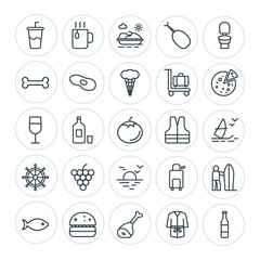 Modern Simple Set of food, hotel, drinks, travel Vector outline Icons. ..Contains such Icons as suitcase,  burger, water,  bath,  fast,  mug and more on white background. Fully Editable. Pixel Perfect