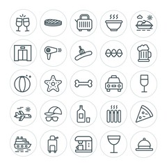 Modern Simple Set of food, hotel, drinks, travel Vector outline Icons. ..Contains such Icons as  drink,  salad,  trip,  sea,  home,  toast and more on white background. Fully Editable. Pixel Perfect