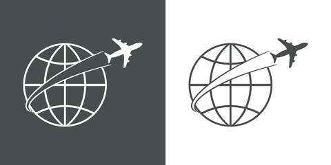 Icono plano avion alrededor del mundo en gris y blanco
