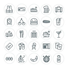 Modern Simple Set of food, hotel, drinks, travel Vector outline Icons. ..Contains such Icons as  sail, hotel,  railway,  luck,  water,  ball and more on white background. Fully Editable. Pixel Perfect