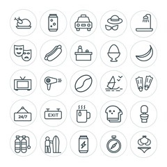 Modern Simple Set of food, hotel, drinks, travel Vector outline Icons. ..Contains such Icons as  breakfast,  container,  sanitary,  surfer and more on white background. Fully Editable. Pixel Perfect