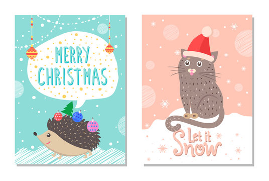 Let it Snow Poster with Hedgehog and Cat in Hat