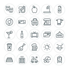 Modern Simple Set of food, hotel, drinks, travel Vector outline Icons. ..Contains such Icons as sunset,  sunrise,  scuba,  sea,  fashion and more on white background. Fully Editable. Pixel Perfect