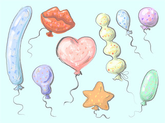Balloons different cute set lips heart star pear round oval shapes vector illustration