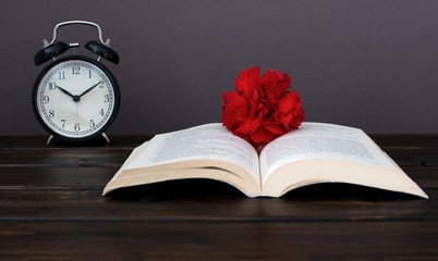  Still life photo of Red flower on an open book with black alram clock