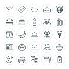 Modern Simple Set of food, hotel, drinks, travel Vector outline Icons. ..Contains such Icons as  light,  transportation,  bottle,  food, key and more on white background. Fully Editable. Pixel Perfect