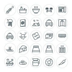 Modern Simple Set of food, hotel, drinks, travel Vector outline Icons. ..Contains such Icons as  hot,  spicy,  white,  bottle,  kebab, room and more on white background. Fully Editable. Pixel Perfect