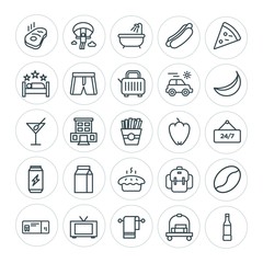 Modern Simple Set of food, hotel, drinks, travel Vector outline Icons. ..Contains such Icons as  travel, hotel, rucksack,  extreme,  railway and more on white background. Fully Editable. Pixel Perfect