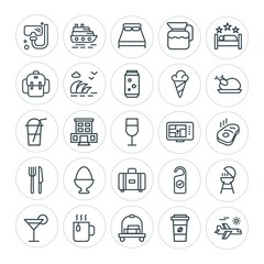 Modern Simple Set of food, hotel, drinks, travel Vector outline Icons. ..Contains such Icons as mask, cocktail, bed, door, vacation, sea and more on white background. Fully Editable. Pixel Perfect