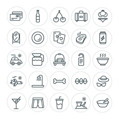 Modern Simple Set of food, hotel, drinks, travel Vector outline Icons. ..Contains such Icons as beverage, baggage, cherry,  cocktail,  jug and more on white background. Fully Editable. Pixel Perfect